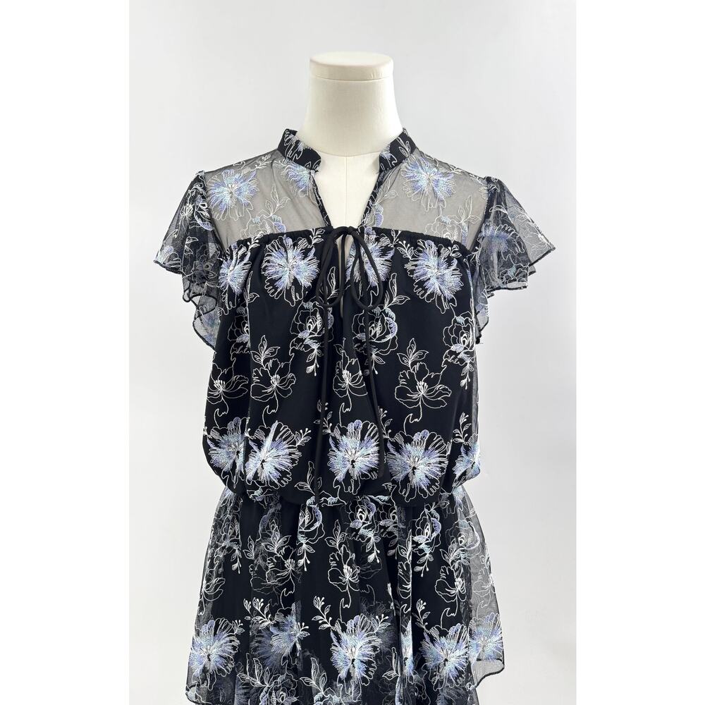 ML Monique Lhuillier Black Embroidered Floral Lace Flutter Mini Dress 10 NWT